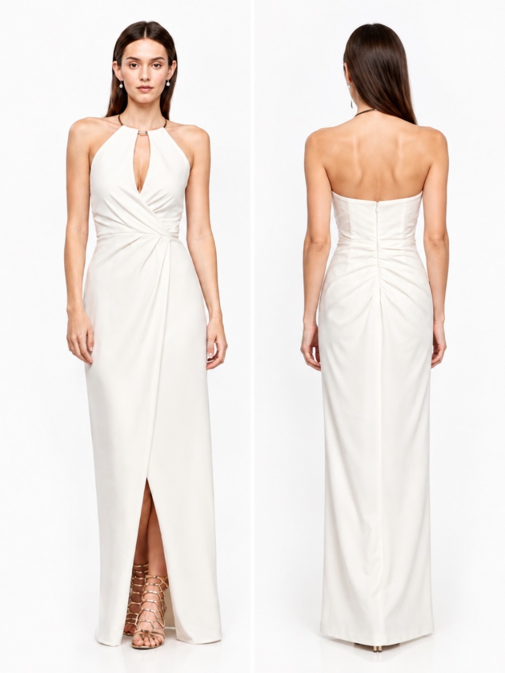 JS COLLECTIONS Ivory Draped Crepe Sheath Dress with Necklace Detail Size 4